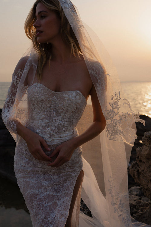 Embroidered Floral Wedding Veil with strapless wedding dress