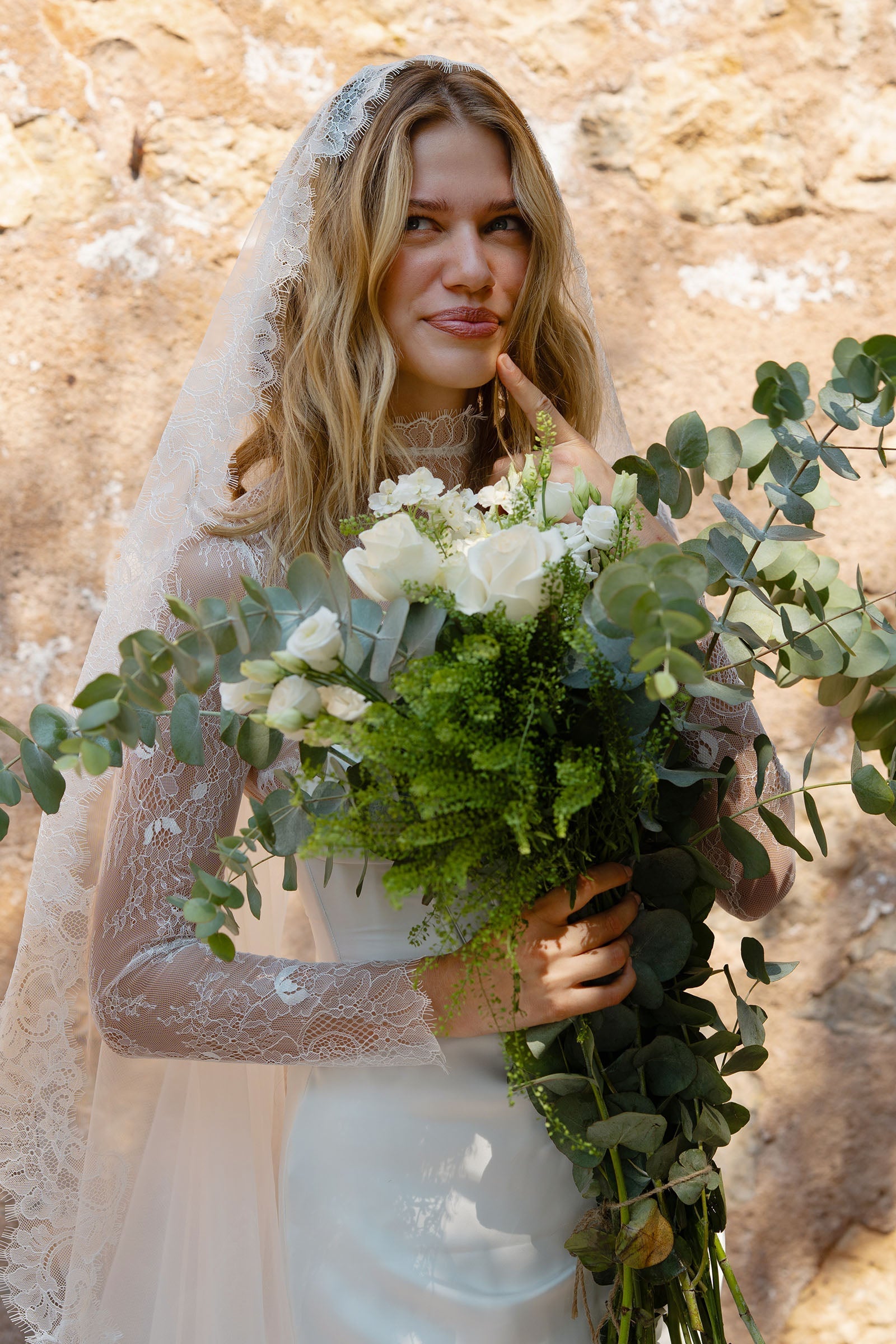 Long Sleeve Lace Bodysuit paired with veil and woman holding flowers_XS_