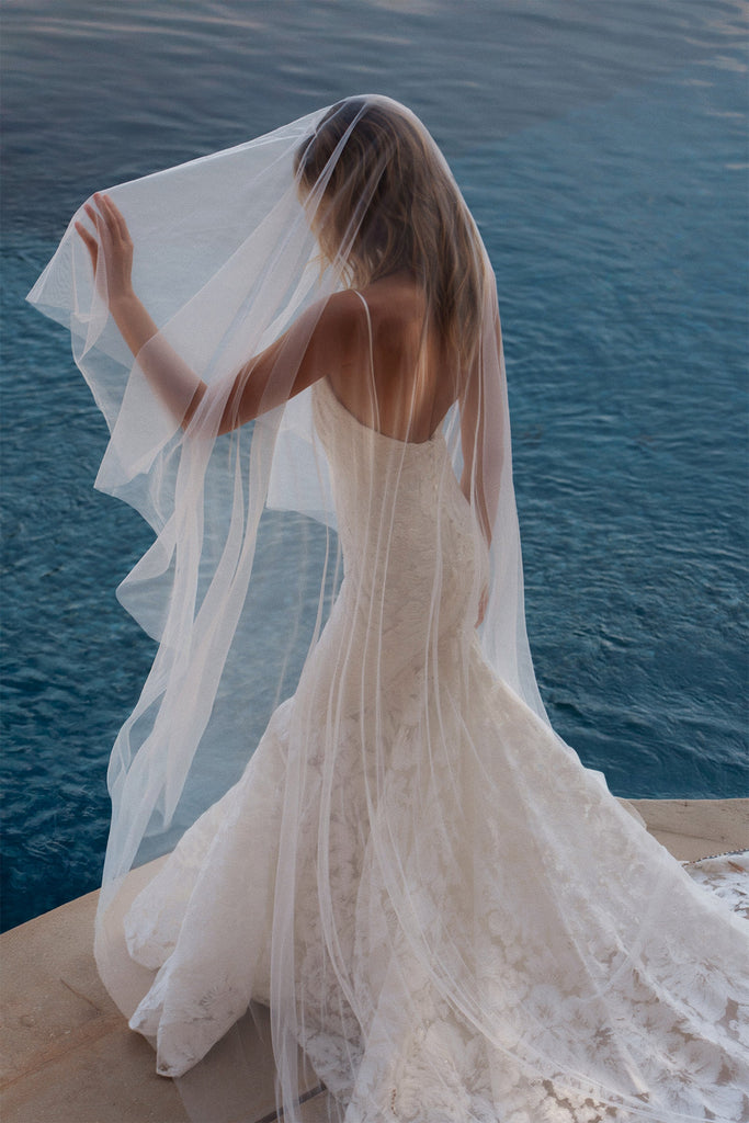 Sheer Drop Wedding Veil paired with lace wedding dress