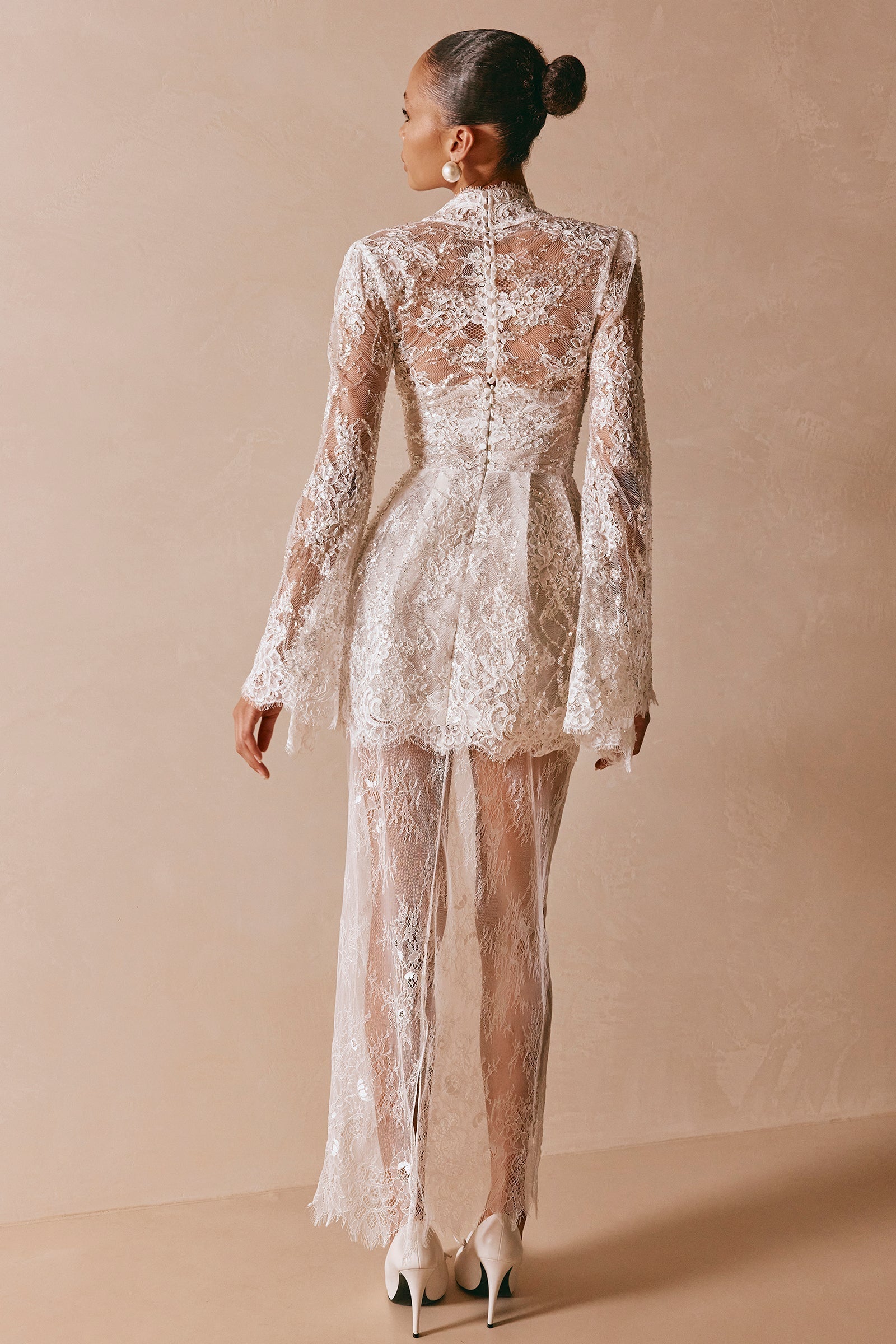 Long Sleeve Mini Wedding Dress paired with Lace Skirt_XS_