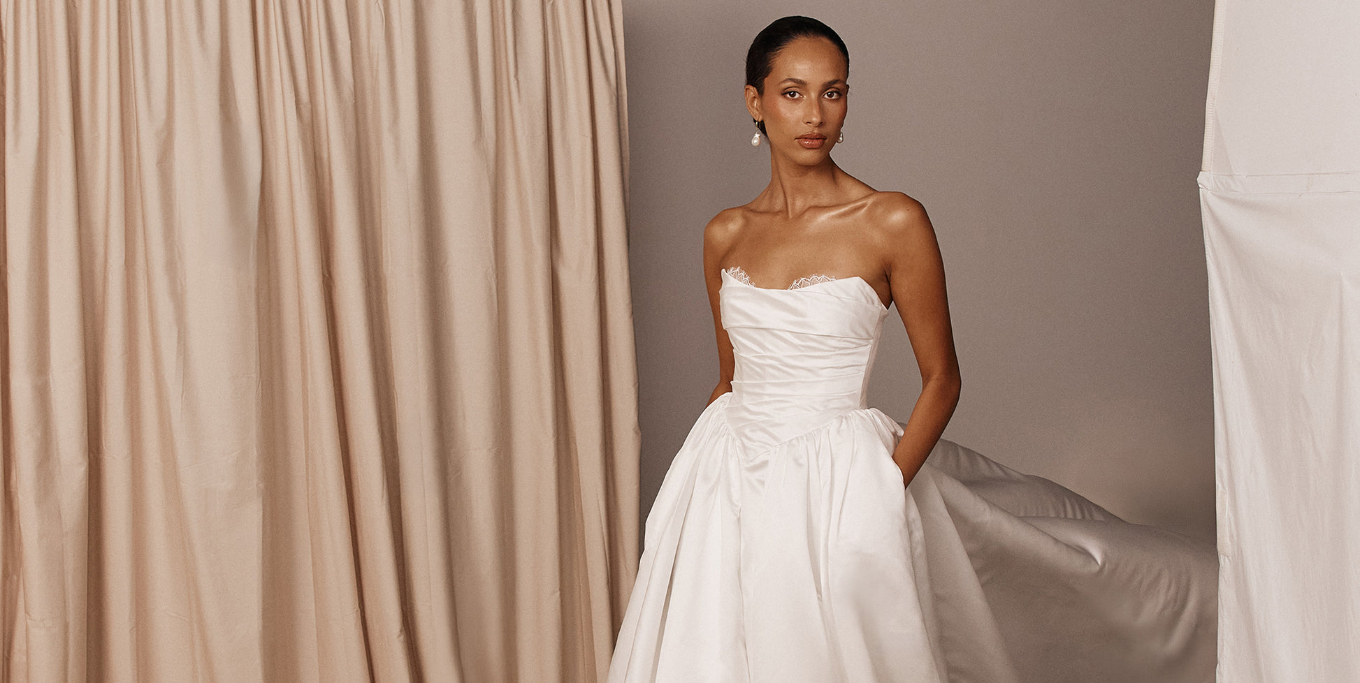 Woman in a strapless A-line wedding dress