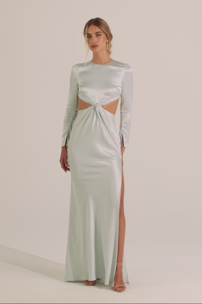 princess polly baby blue dress Six Stories Bridesmaids long sleeve cowl back satin maxi dress in navy