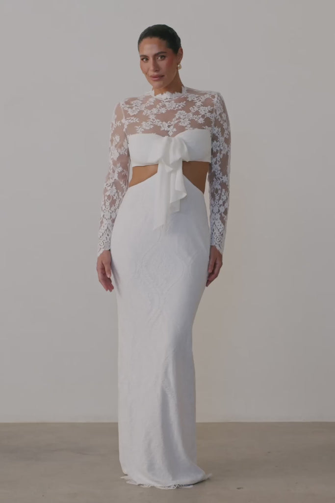 Lace wedding dress with cutout and long sleeves
